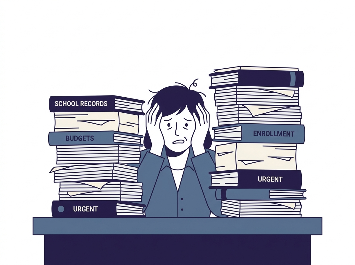 A school administrator overwhelmed behind tall stacks of paperwork