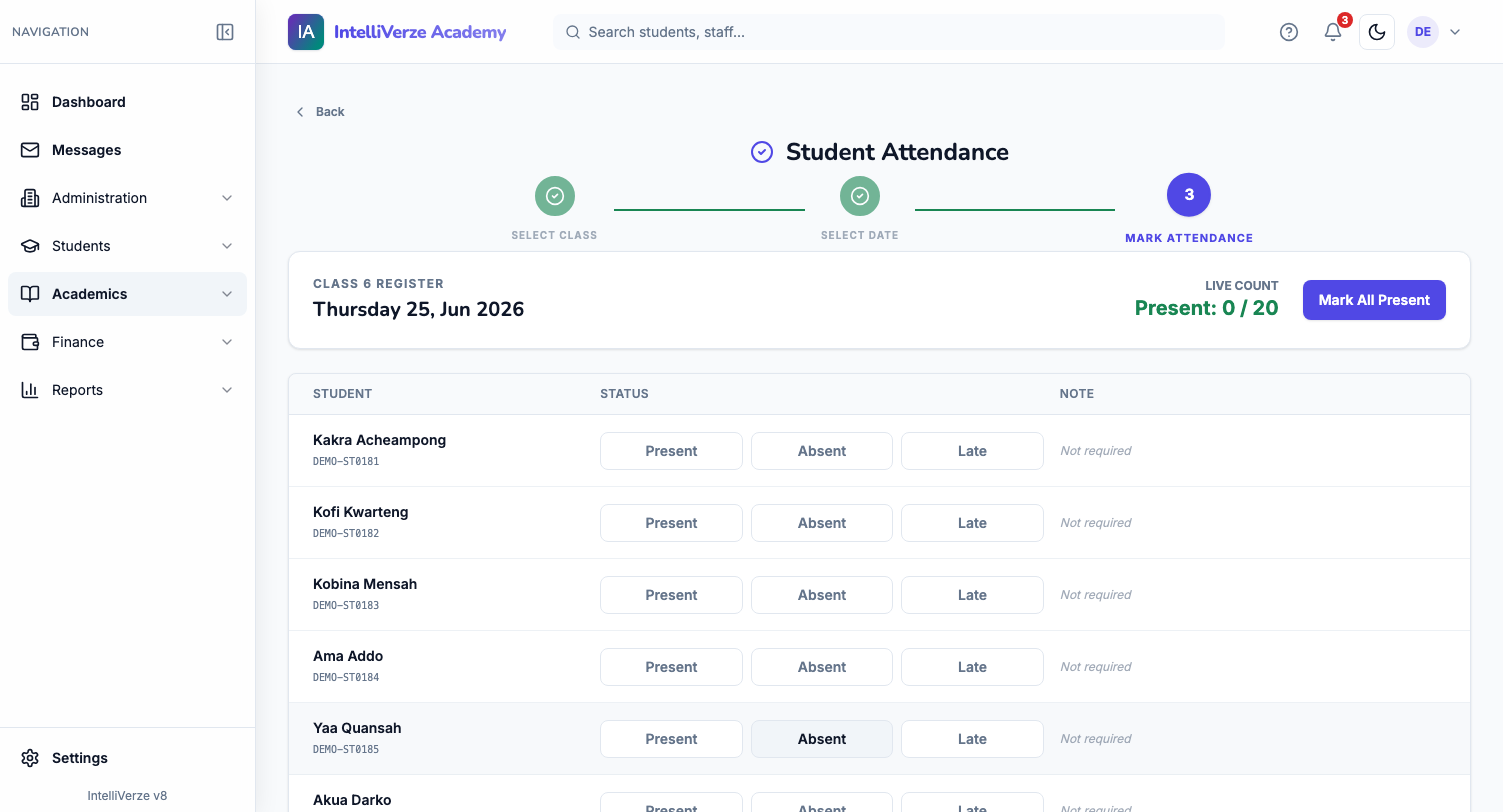IntelliVerze Attendance, light theme