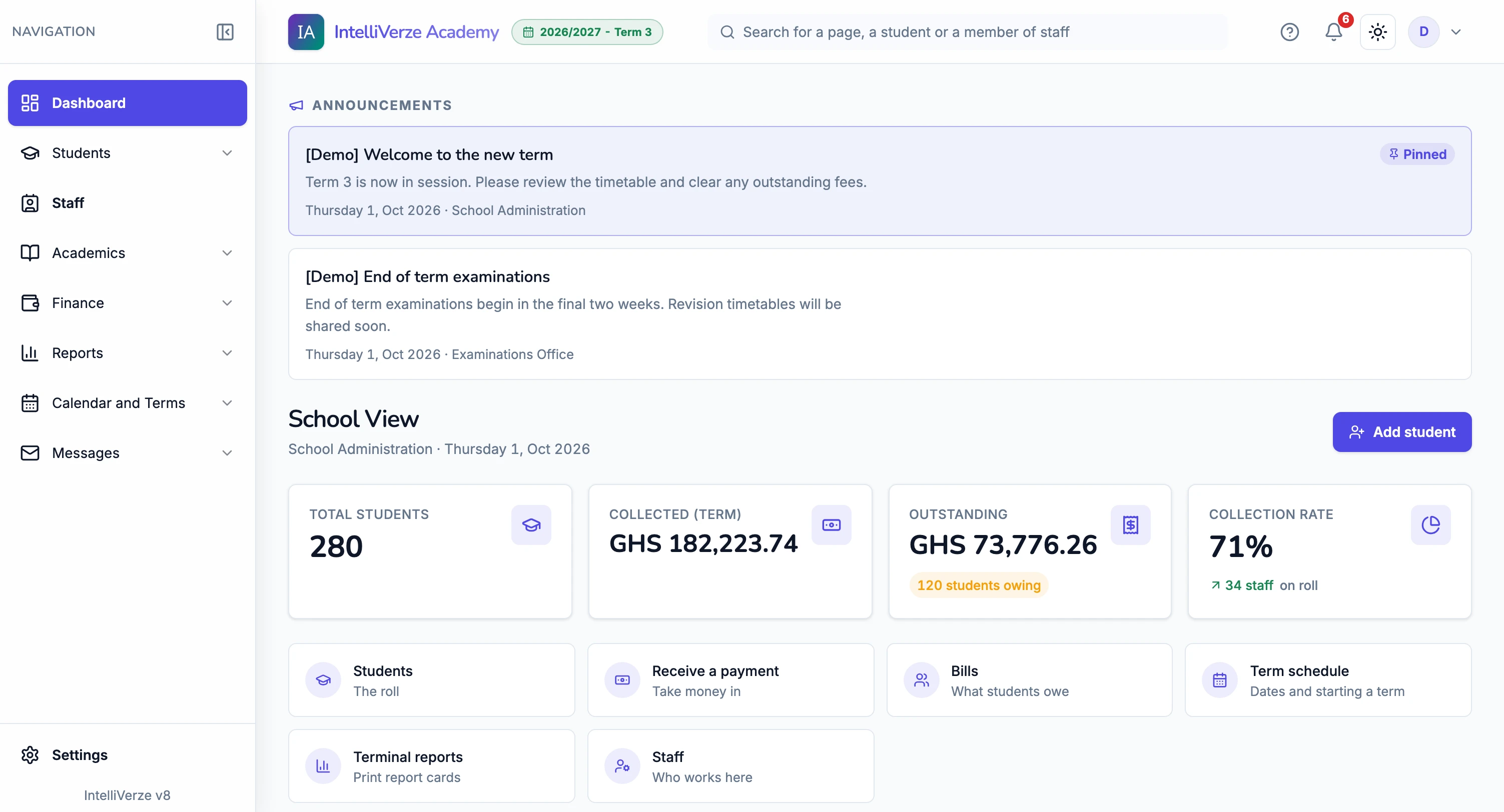 IntelliVerze School Administrator view, light theme