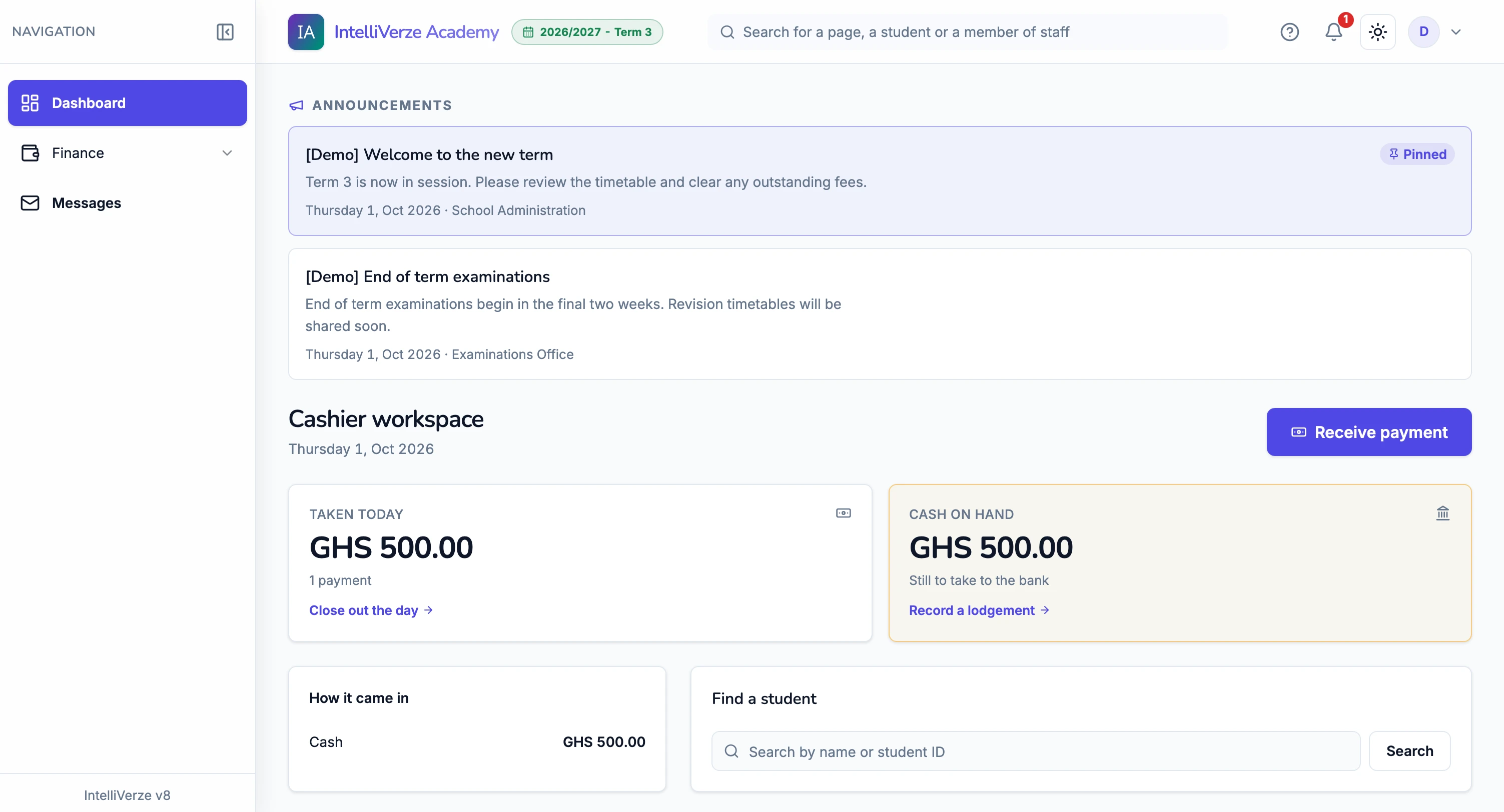 IntelliVerze Cashier view, light theme