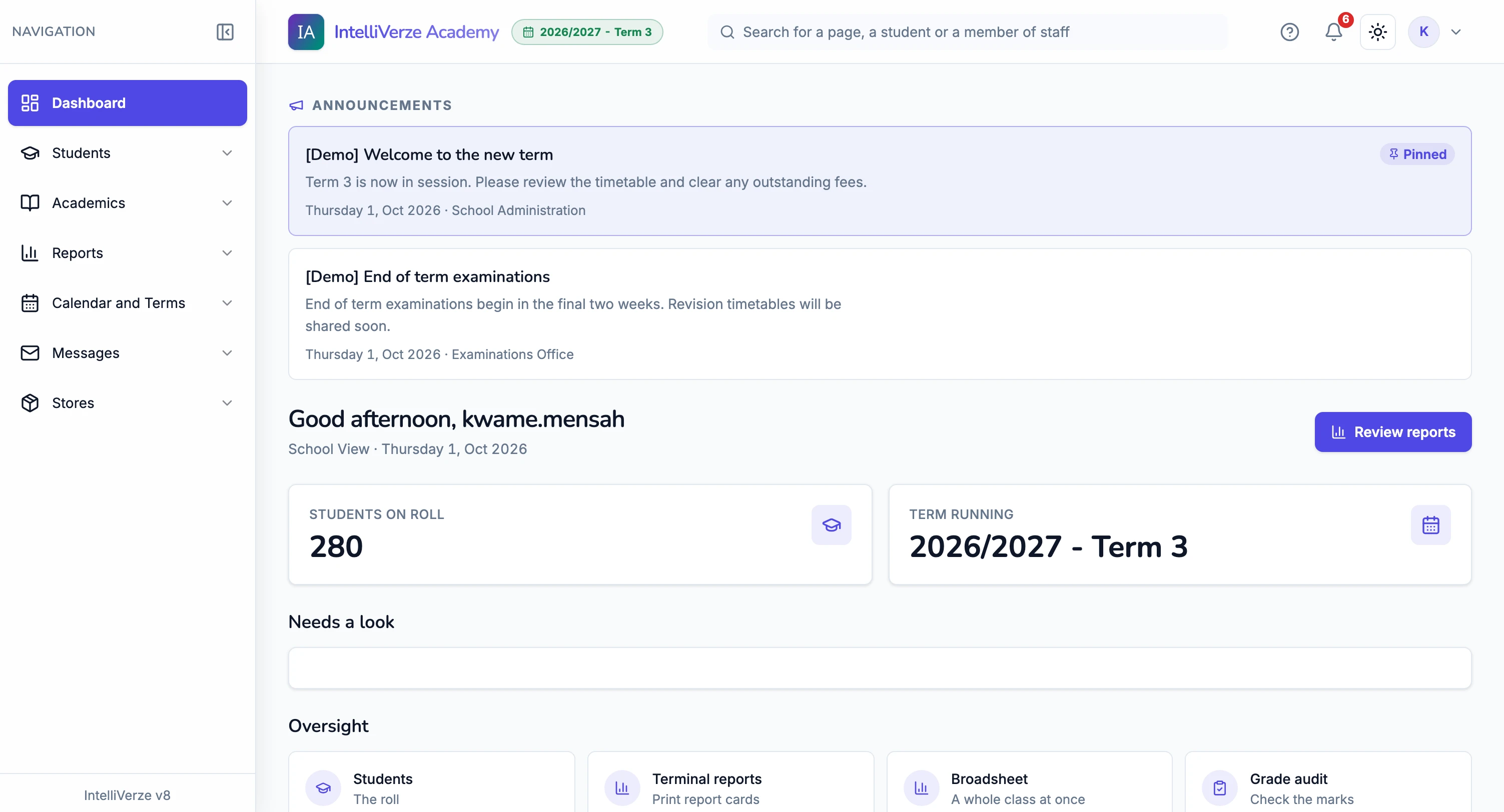 IntelliVerze Headmaster view, light theme