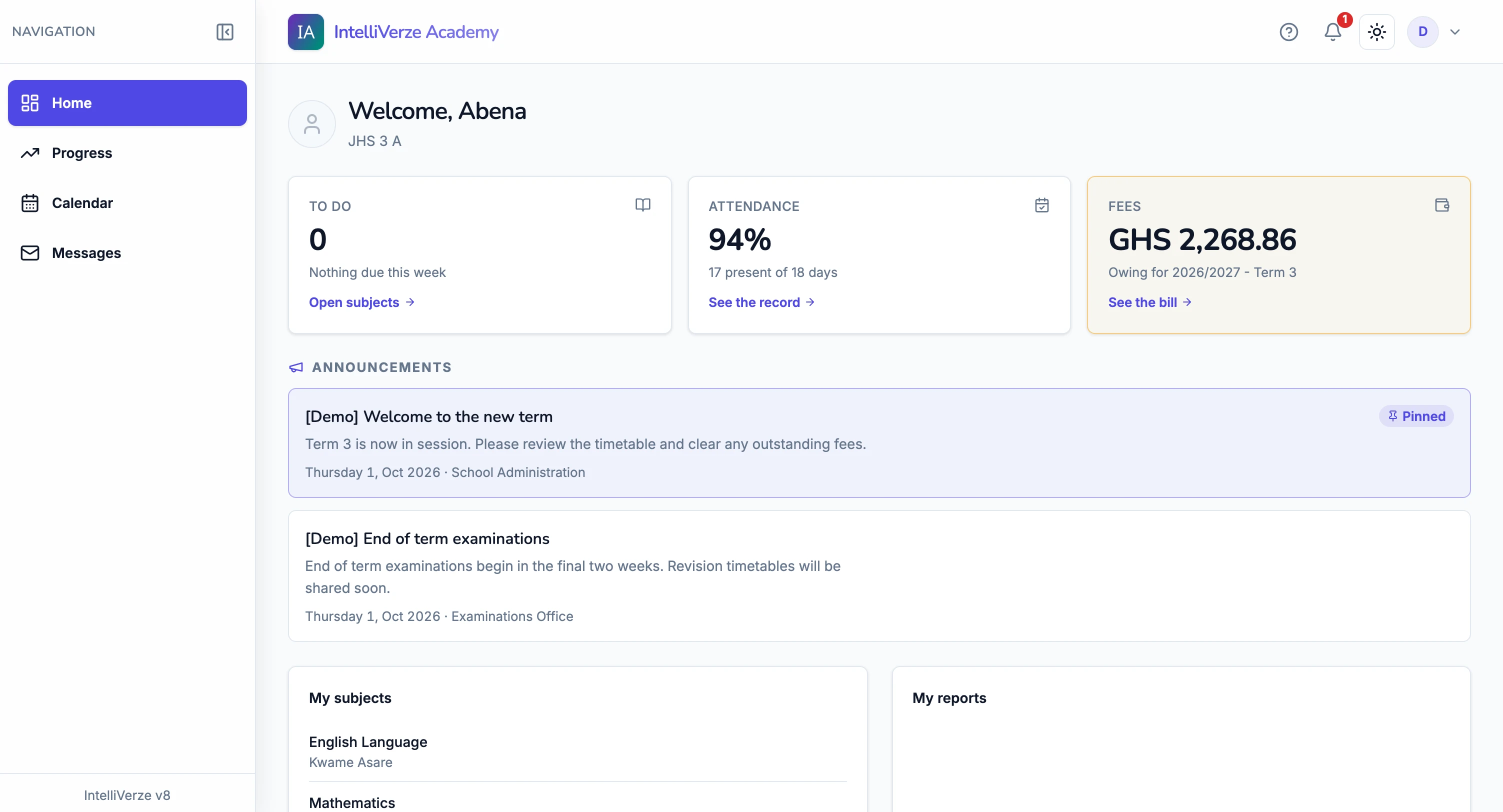 IntelliVerze Student view, light theme