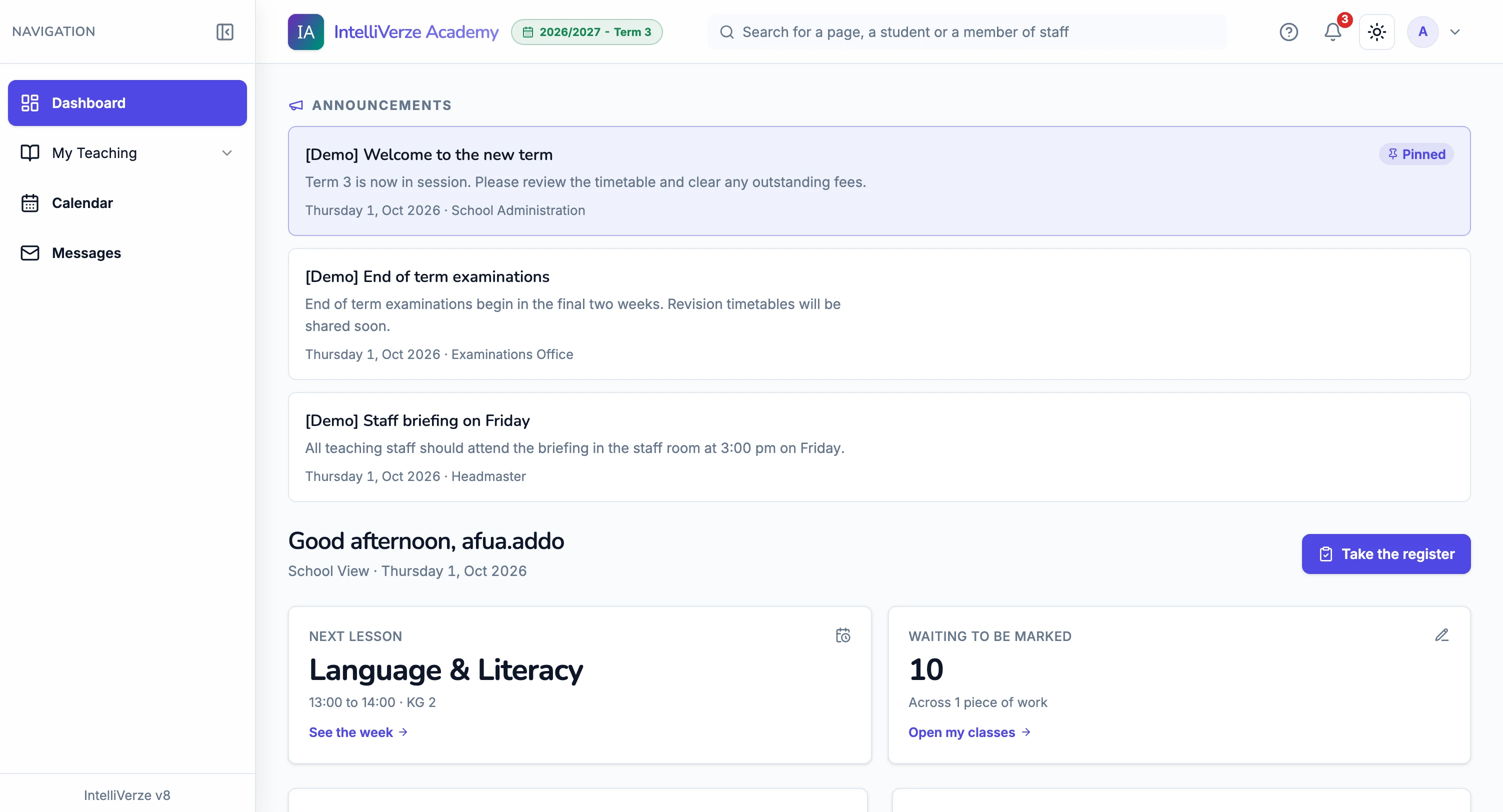 IntelliVerze Teacher view, light theme
