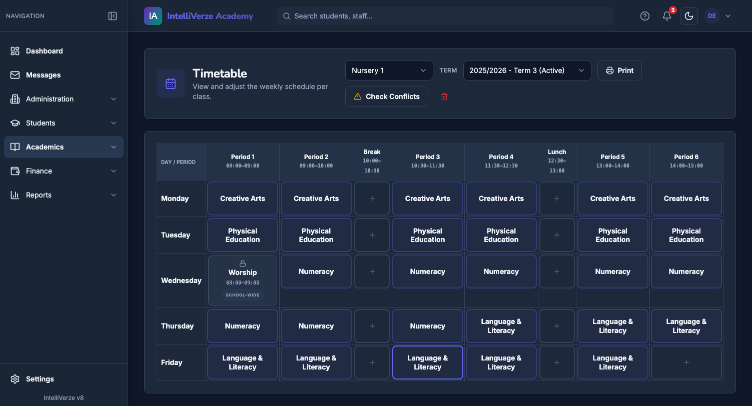 IntelliVerze Timetable, dark theme